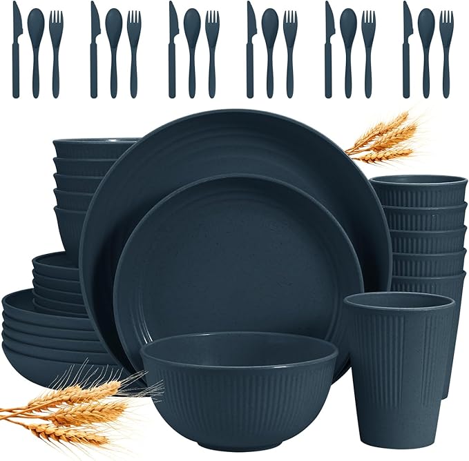Wheat Straw Dinnerware Sets for 6 (42pcs), SGAOFIEE Plastic Plates and Bowls Sets, Dinner Plates, Pasta Bowls, Cereal Bowls, Microwave Dishwasher Safe Plates and Bowls Sets, Camping Dishes, Blue