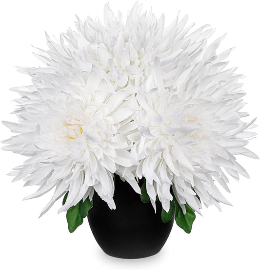Hollyone Artificial Mums Flowers in Vase Faux Chrysanthemum Silk Flower Potted Plant Fake Plants & Flowers with Pot Floral Arrangements Bouquets Pincushion Spider Mum Flower Home Decor White
