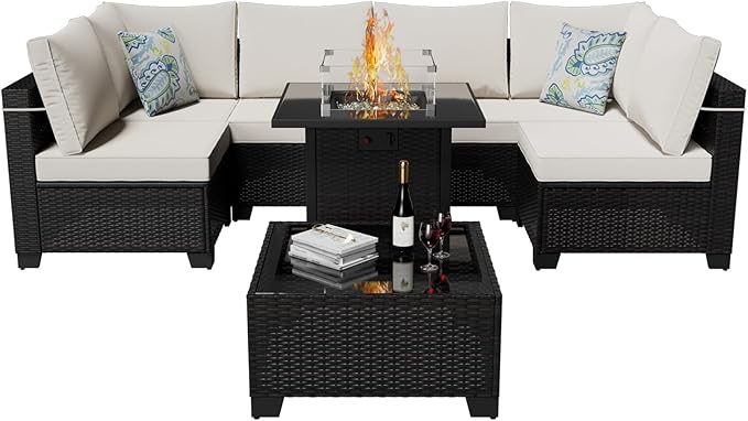 Patio Furniture Set with Fire Pit Table, 8-Piece Outdoor Furniture Sofa Set with Thick Cushions, Wicker Sectional Sofa for Porch Garden Backyard, Brown/Beige