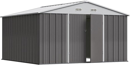 Greesum 10×10FT Outdoor Storage Shed, Metal Patio Storaged Sheds with Lockable Doors, Sheds & Outdoor Storage for Bike, Backyard, Pool and Garden, Gray
