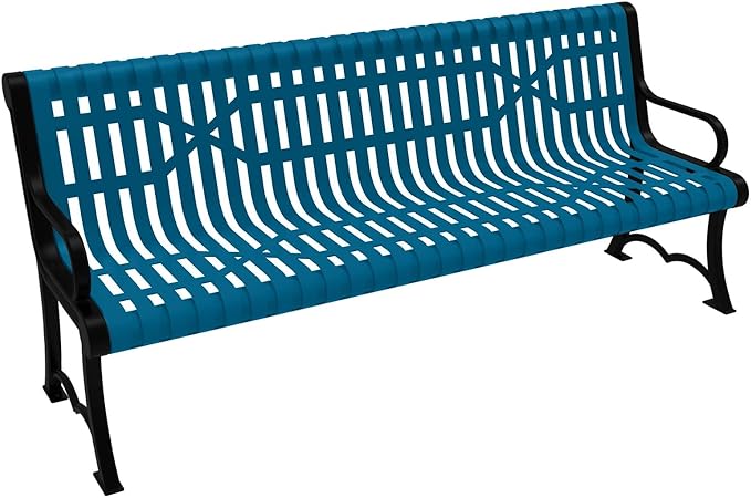 COATEDOUTDOORFURNITURE Coated Outdoor Furniture Heavy-Duty Outdoor Bench Thermoplastic Coated, Slated Steel, Commercial-Grade Garden Bench, Made in America (Portable with Back, 6 Ft, Light Blue)