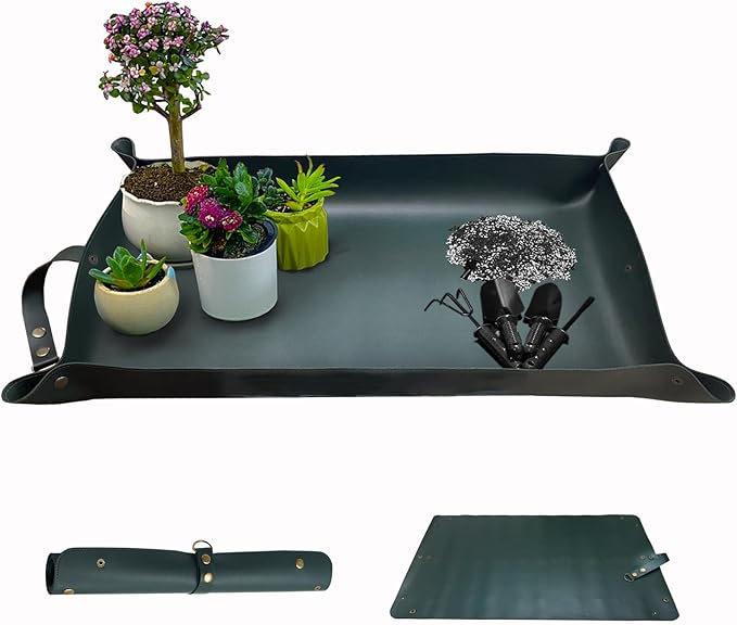 Thickened Leather Plant Repotting Mat, Indoor and Outdoor Potting Mat, 30" x 18" Foldable Tray with Mess Control (Dark Green)