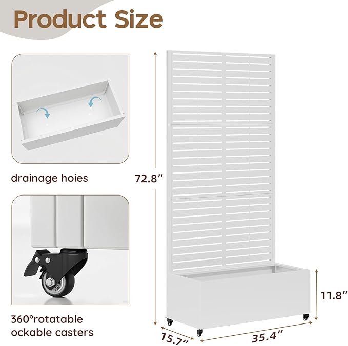 Metal Raised Garden Bed with Trellis & Wheels,70" x 35"x 15.7" Planter Box with Trellis,Privacy Planters for Patio,Garden Bed for Climbing Plants,Suitable for Climbing Plants and Vegetables,White