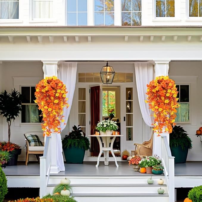 4PCS Artificial Hanging Flowers for Outdoor Decor UV Resistant Fake Morning Glory Realistic Silk Autumn Fall Hanging Plants for Porch Patio Balcony Yard (Autumn Colors)