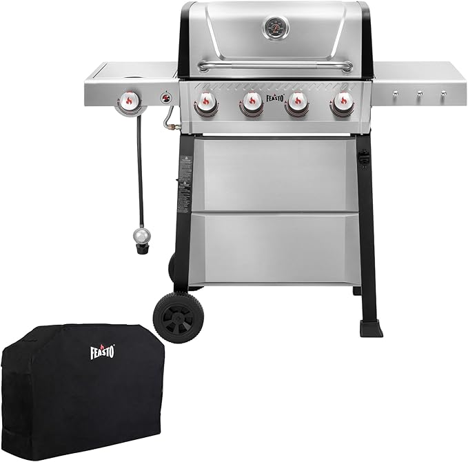 4+1 Burner Gas Grill, All Stainless Steel Outdoor BBQ Grill with Enameled Coated Chamber Body, 48,000 BTU Garden Barbecue Grill with Porcelain-Enameled Cast lron Grates, Grill Cover Included
