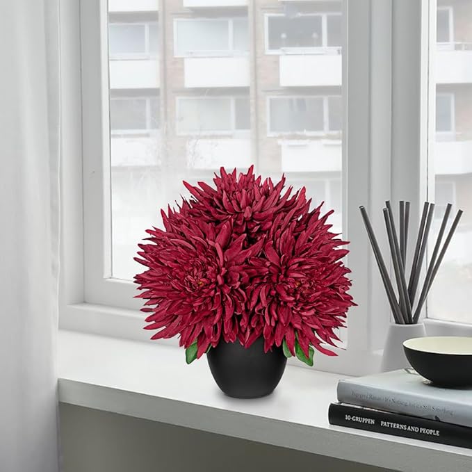 Hollyone Artificial Mums Flowers in Vase Faux Chrysanthemum Silk Flower Potted Plant Fake Plants & Flowers with Pot Floral Arrangements Bouquets Pincushion Spider Mum Flower Home Decor Red