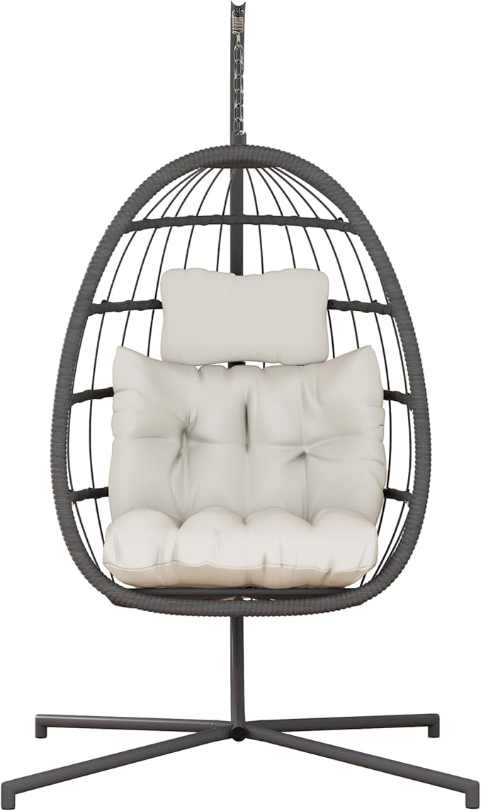 HWB Hanging Egg Chair with Stand, Patio Wicker Hammock Egg Swing Chair with Cushion for Bedroom Garden Indoor Outdoor (Beige)