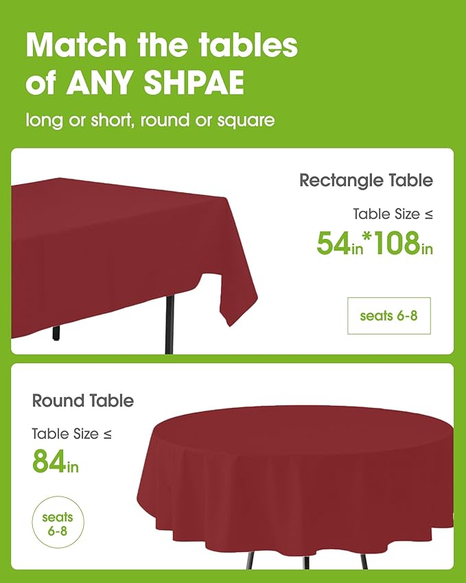 Pureegg Plastic Table Cloth Disposable 8 Pack, 54 x 108 Inch Table Cloths, Party, Thanksgiving Decorations, Harvest, Fall Tablecloths, Rectangle, Maroon Plastic Cover, Leakproof & Sturdy, Burgundy