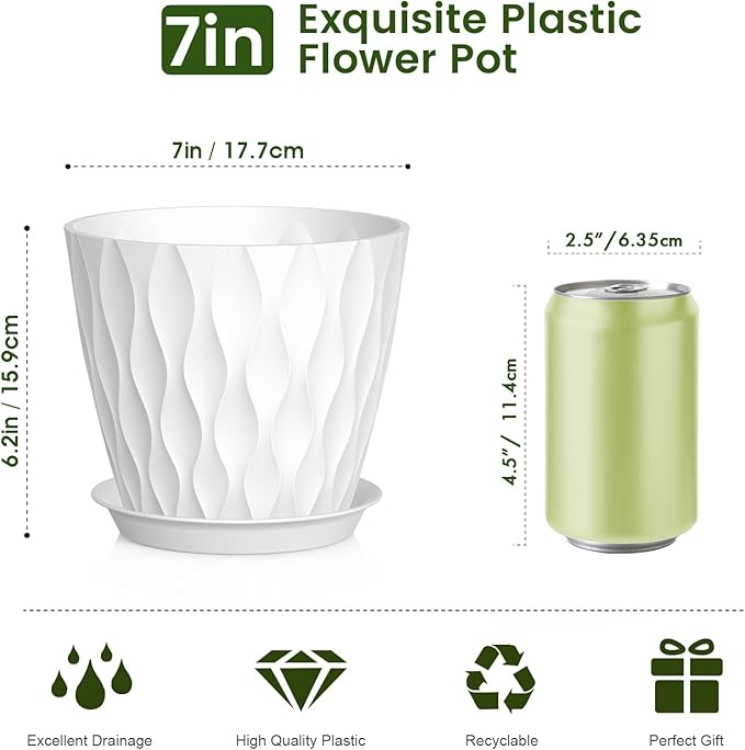 7 inch Plant Pots for Indoor Outdoor Plants, 5 Pack Thick Nursery Pots with Drainage Holes and Saucers, 3D Modern Wave Texture Plastic Planter Pots for Flowers and House Plants, White