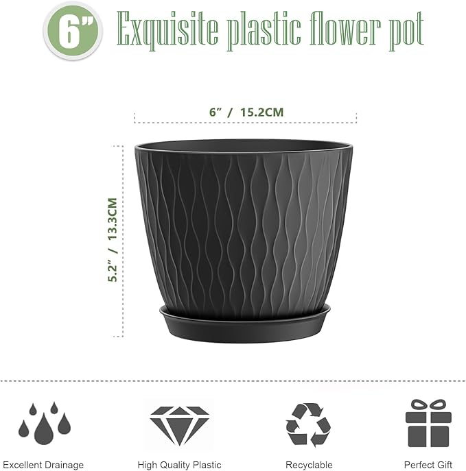 6 Inch Plant Pots, 6 Pack Flower Pots for Indoor and Outdoor Use, Planters with Drainage Holes and Saucers, Black