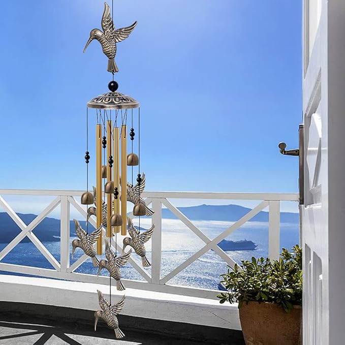 Large Hummingbird Wind Chimes Outdoor Indoor Decor -With 4 Tubes 6 Bells 7 Hummingbirds, Mobile Wind Catcher, Hummingbird Wind Bell for Home, Xmas Mom Gifts, Festival, Balcony, Tree, Garden Decoration