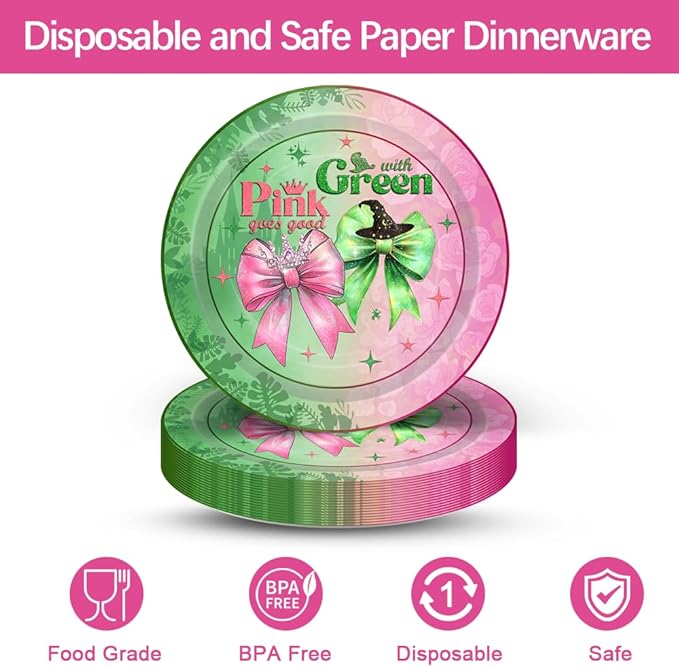96PCS Pink and Green Party Plates and Napkins Pink Goes Good with Green Birthday Tableware Set Vintgage Castle Witch Party Table Decorations Favors Serves 24 Guests