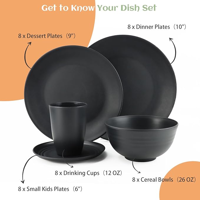 Homienly Wheat Straw Dinnerware Set,40-Piece Dish Set for 8, Dinner Plates, Dessert Plate, Cereal Bowls, Cups, Appetizer Plates,Reusable Dinner Plates Kids Plates and Bowls Sets,Black