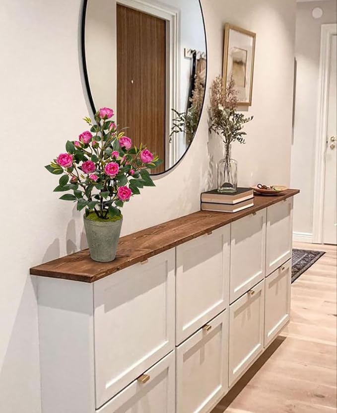 Artificial Flower Plants Camellia Pink Roses Faux Potted Plant with Cement Pot Fake Silk Flower Rose Camellias Flower Arrangement Office Home Decor Bathroom Shelf Desk Decoration 15 Inch