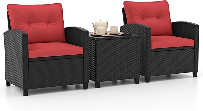 HAPPYGRILL 3 Pieces Wicker Patio Conversation Set, PE Rattan Bistro Sofa Set with Tempered Glass Coffee Table, Washable Cushions, Outdoor Furniture Set for Garden Poolside Balcony (Red)