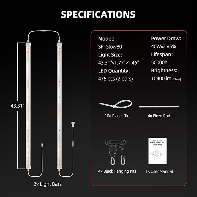 Spider Farmer Glow80 LED Grow Lights, 3.6ft Sunlike Full Spectrum Waterproof Plant Growing Lamp Linkable for Indoor Plant Shelves Seedling Veg Flower Hydroponic Greenhouse