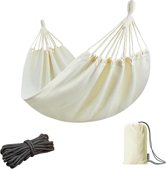 JoyView Brazilian Hammock for Single Person - 78.8x39.4” Portable Cotton Hammock with Hanging Ropes & Carry Bag Large for Patio 300LBS Capacity Perfect for Outdoor/Indoor - Natural White