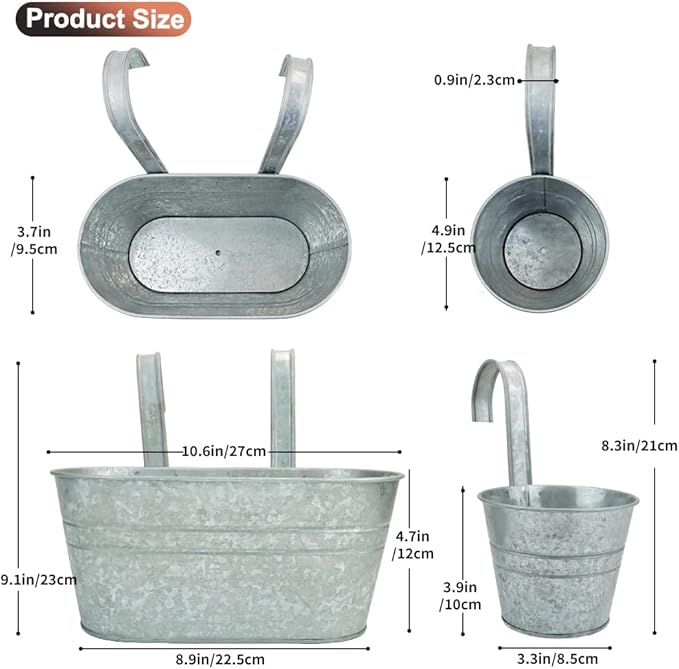 3 Pcs Metal Wall Hanging Planter Pots, Vintage Flower Pots for Railing Fence, Hanging Bucket Pots, Window Flower Plant Holder with Detachable Hooks Home Decor (Silver)