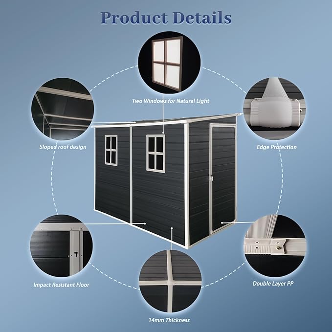 8x4ft Lean to Shed, Resin Outdoor Storage Shed with Floor and 2 Windows, Plastic Sheds & Outdoor Storage Clearance for Patio Furniture, Garden Tools Bike Accessories, Beach Chairs