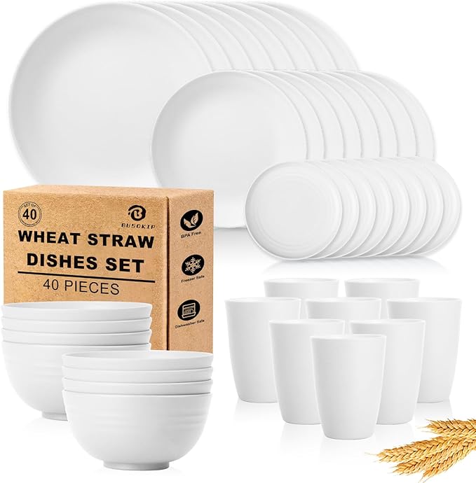 Wheat Straw Dinnerware Sets - 40 PCS Unbreakable Plates and Bowls Sets Service for 8 Kitchen Dishes Set, Dinner Plates, Cereal Bowls, Cups Set Camping Dish Dishwasher & Microwave Safe - White