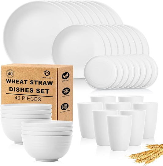 Wheat Straw Dinnerware Sets - 40 PCS Unbreakable Plates and Bowls Sets Service for 8 Kitchen Dishes Set, Dinner Plates, Cereal Bowls, Cups Set Camping Dish Dishwasher & Microwave Safe - White