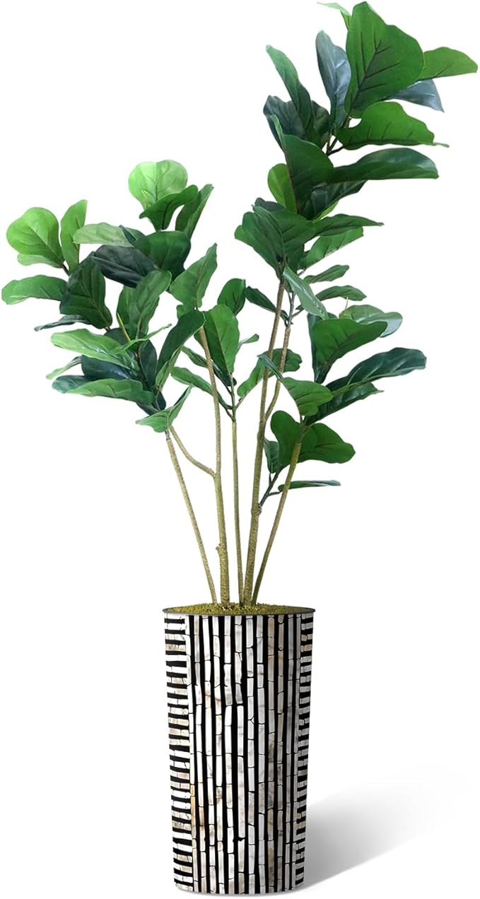 Artificial Tree in Black and Brown Striped Planter, Fake Ficus Lyrata Silk Tree for Indoor and Outdoor Home Decoration - 66" Overall Tall (Plant Pot Plus Tree)