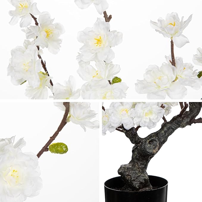 DILATATA Faux Cherry Blossom Bonsai Tree 16" Small Artificial Bonsai Tree for Home Decor White Apple Blossom Tree for Indoor Bookshelf Office Desk Bathroom Decor