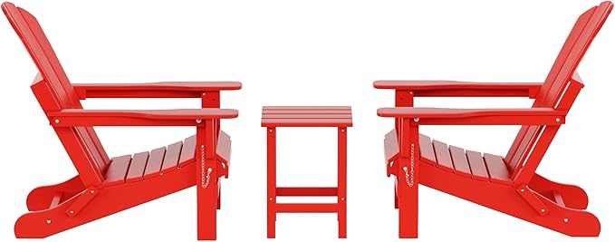 WO Home Furniture Adirondack Chairs Table Set of 3 PCS Outdoor Folding Chairs Side End Table Weather/UV Resistant for Lawn, Garden, Bon Fire, Balcony (Red)