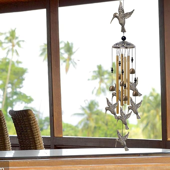 Large Hummingbird Wind Chimes Outdoor Indoor Decor -With 4 Tubes 6 Bells 7 Hummingbirds, Mobile Wind Catcher, Hummingbird Wind Bell for Home, Xmas Mom Gifts, Festival, Balcony, Tree, Garden Decoration