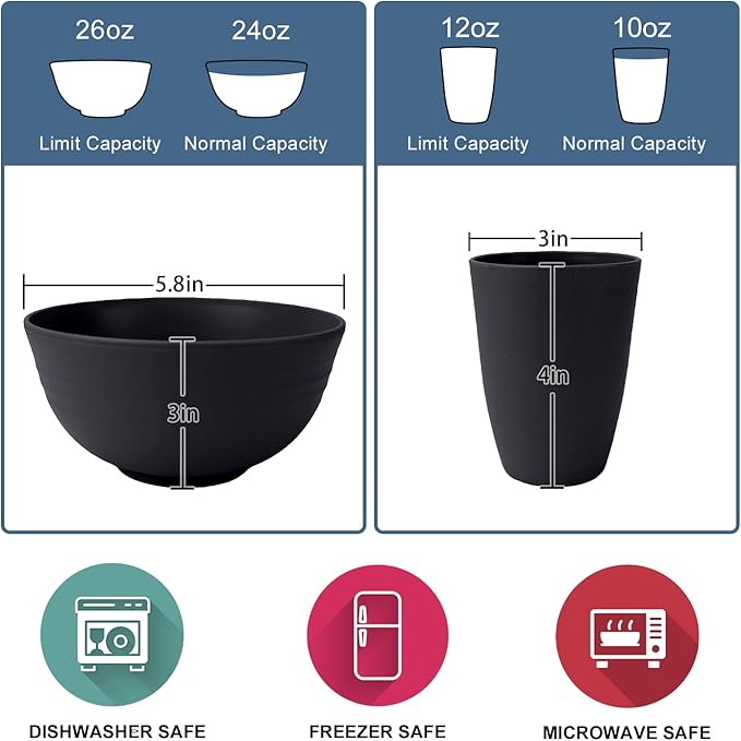 Wrova Wheat Straw Plate and Bowl sets with cups and cutlery set of 64- Unbreakable Dinnerware sets service for 8 - Microwave and Dishwasher safe dish sets for kitchen,camping.Black