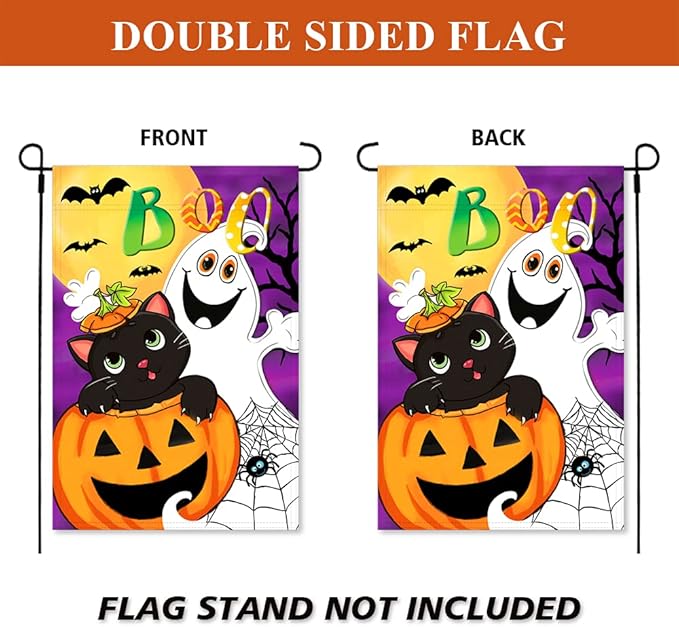 Halloween Boo Garden Flag Vertical Double Sided Ghost Home Decoration, Jack O'Lantern Pumpkin Colorful Cute Holiday Yard Outdoor Decoration 12 x 18 Inch