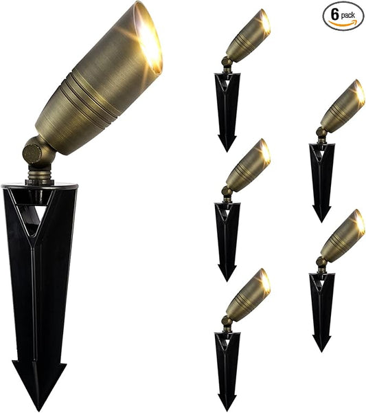 Solid Brass Landscape Spotlight 12V Low Voltage Waterproof Outdoor Lights 6 Packs with Ground Spike for Yard Garden Patio Walkway Driveway Porch
