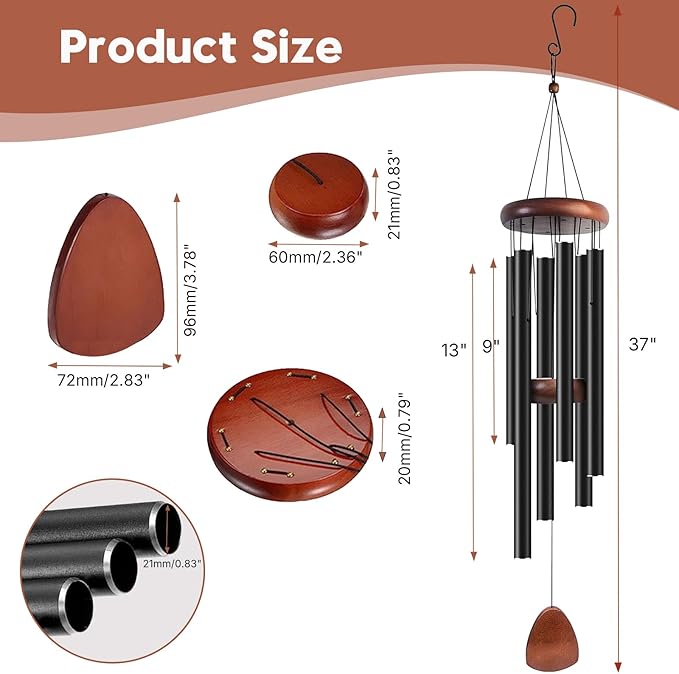 Aluminum Wind Chimes for Outdoor Garden and Yard with Soothing Deep Tones, Creates a Peaceful Ambiance with Sophisticated Wind Catcher, Ideal Calming Gift for Families (Black, 37 Inches)