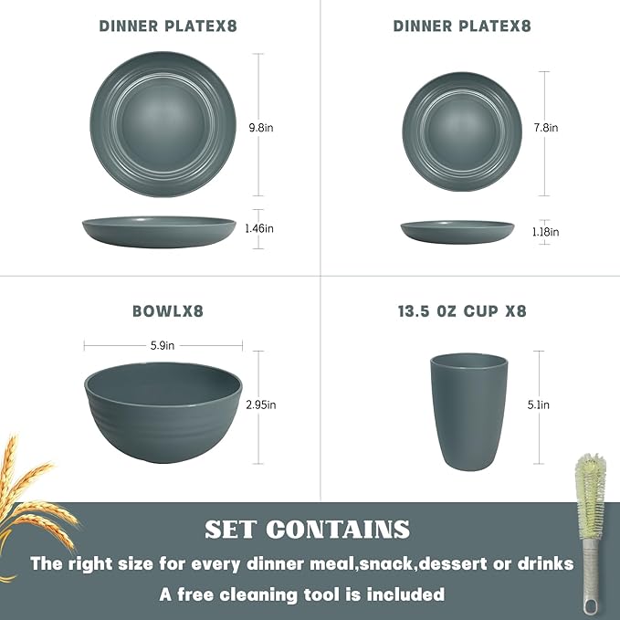 Kitchen Wheat Straw Dinnerware Sets (33pcs) Attached cleaning brush,Service For 8,Plastic Plates and Bowls Sets,Unbreakable Dinnerware,Lightweight Plastic Plate Set (gray)