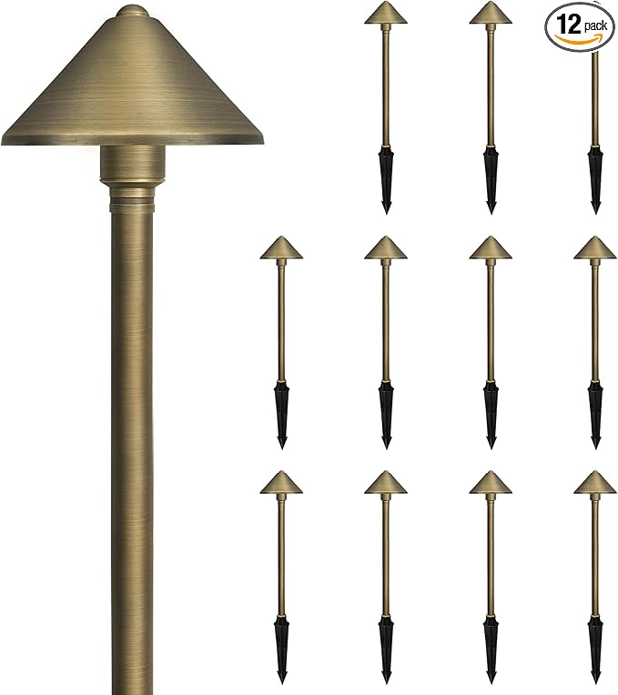 GKOLED Solid Brass Landscape Path Lights (5" Shade, 20" Tall), Low Voltage LED 3W 12-24V AC/DC Conehead Path Lighting, 2700K Outdoor Waterproof Walkway Light, with Stake and G4 Bulb, 12 Pack