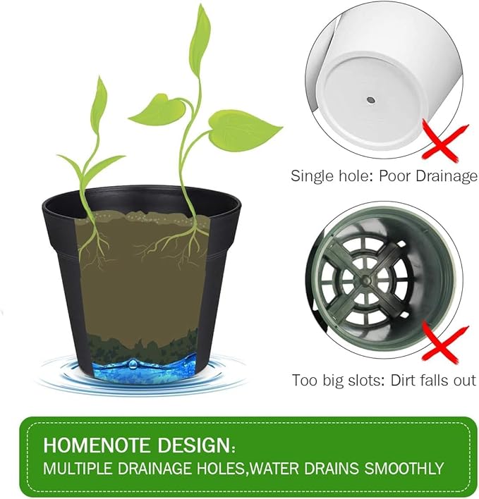 homenote Plant Pots,7.5 Inch Flower Pots for Plants Plastic Planters for Indoor with Multiple Drainage Holes and Trays, for All Home Garden Flowers Succulents,Outdoor(White&Black,8 Pack)