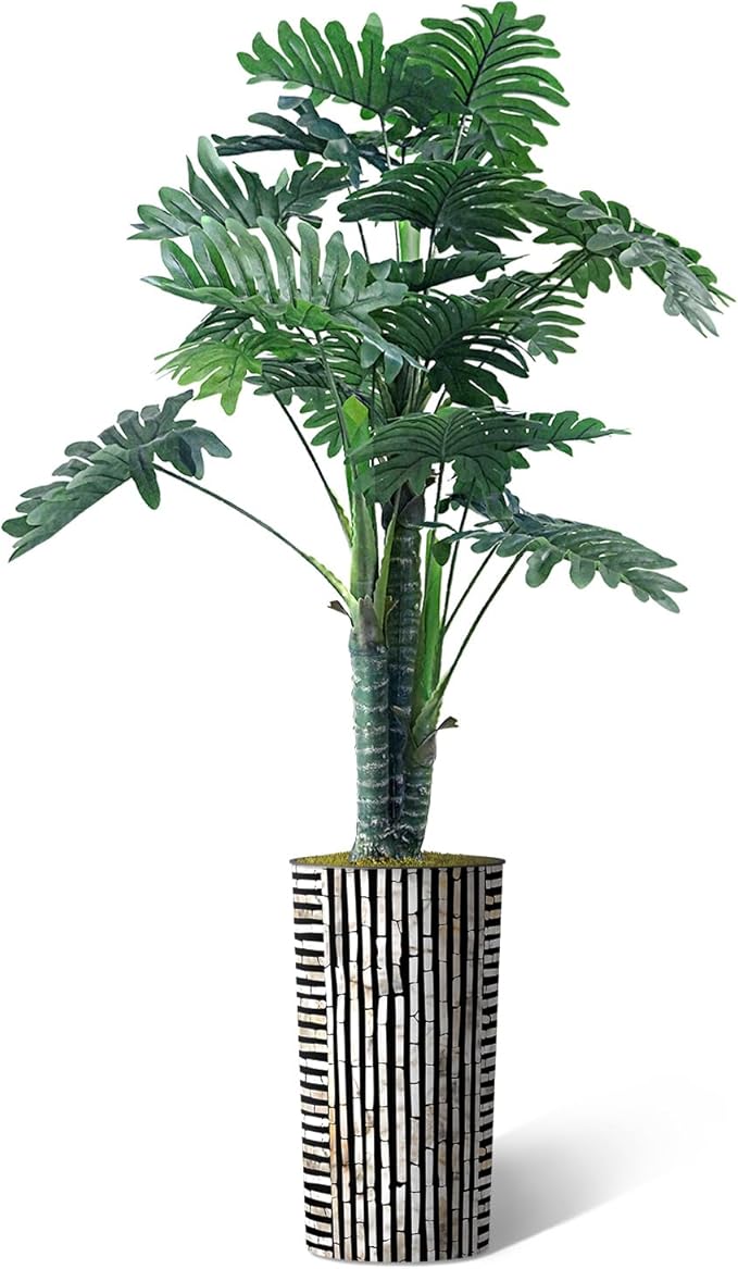 Artificial Tree in Black and Brown Striped Planter, Fake Philodendron Tree Silk Tree for Indoor and Outdoor Home Decoration - 70" Overall Tall (Plant Pot Plus Tree)