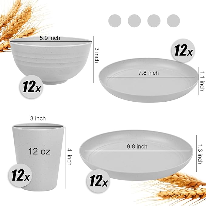 LIYH 48 Pcs Light Grey Plastic Wheat Straw Dinnerware Plates and Bowls Set,Camping Dish Set for 12, Dishwasher Safe Dinnerware Sets, Unbreakable Plates,Camping Dish Sets