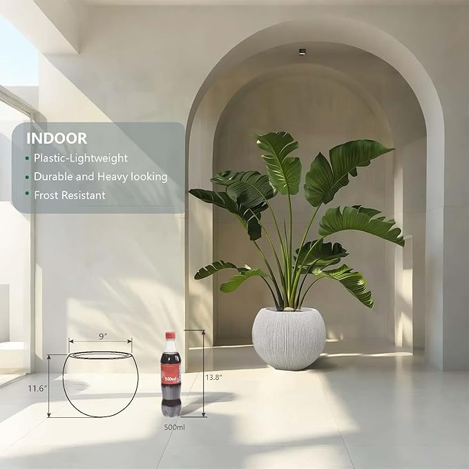 11.8 H x 14.5" Dia (10" Pot Opening) Plastic Beige Round Planters for Outdoor Plants, Resin Flower Pot for Indoor and Outdoor Plants, Plant Pot with Drainage Holes and Plug for Home Patio Garden