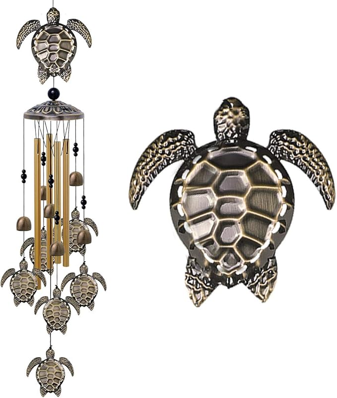 Garden Sea Turtle Wind Chimes Outdoor Decor - with 4 Tubes 6 Bells 7 Turtles Mobile Romantic Wind Catcher, Tortoise Wind Chime for Home, Xmas Mom Gifts, Festival, Balcony, Tree, Garden Decoration