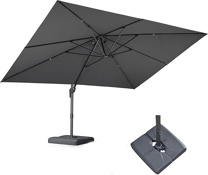 PURPLE LEAF 9' X 11.5' Rectangle Patio Umbrella with Base Outdoor Large Aluminum Cantilever Umbrella with 3 Years Fade Resistance Recycled Fabric and 360-degree Rotation for Garden Deck Pool, Mist Grey