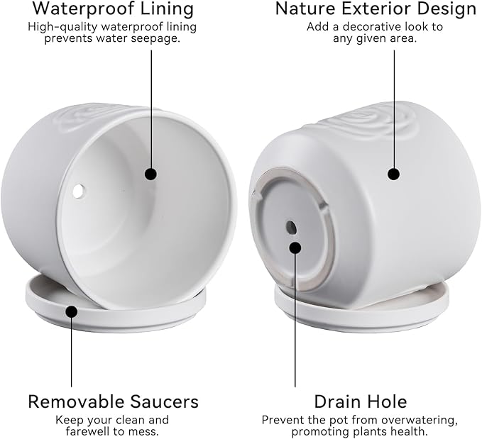 Ekirlin 7 Inch Plant Pots, Ceramic Rose Flower Planters Indoor, Modern Succulents Containers with Drain Hole Saucer, Weatherproof Pot for Home Decorate, Outdoor & Garden (White)