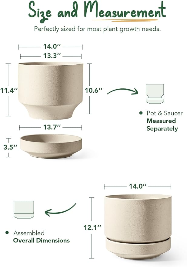 LE TAUCI Large 14 Inch Plant Pot with Saucer | Ceramic Outdoor & Indoor Big Planter Pot | Drainage Hole, Mesh Pad & Plug | Unglazed Porous | Modern Minimalist for Home and Patio – Speckled Oat