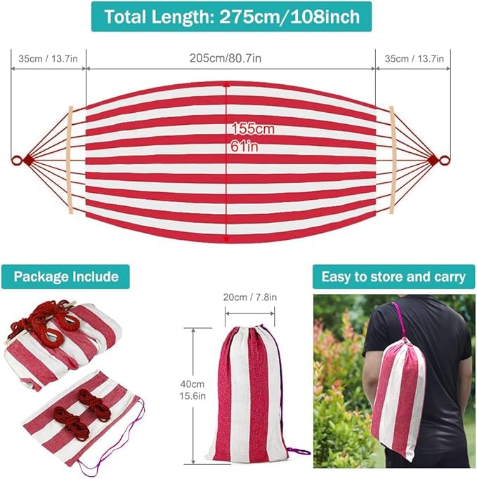 MOSFiATA Hammocks Portable Camping Hammock Upgraded 550lb Thickened Fabric Single Hammocks with Two Anti Roll Balance Beam and Tree Straps for Camping, Patio, Backyard, Outdoor(Red White)
