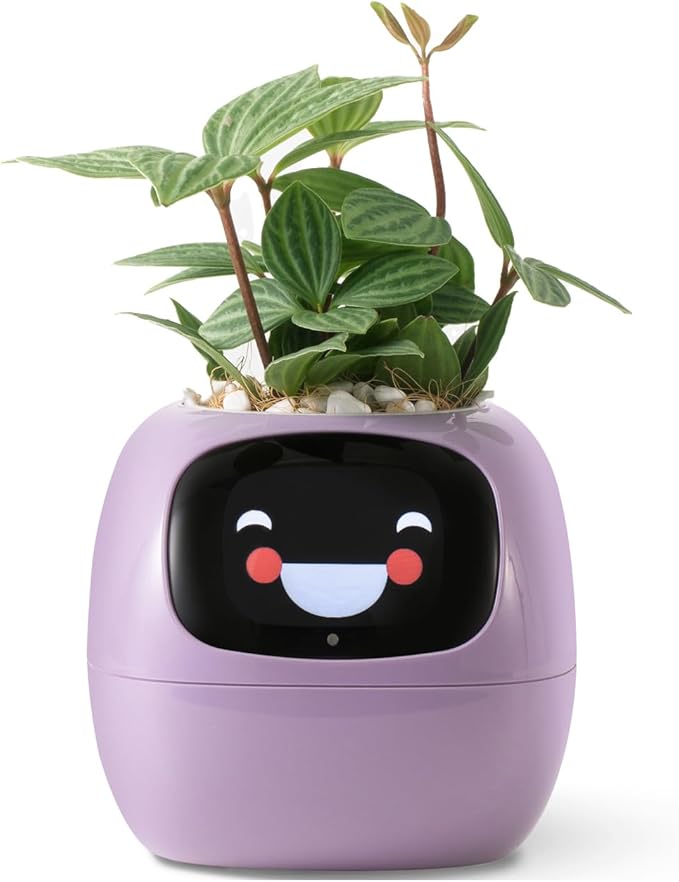 Smart pet Planter Robot Guidance on Plant Care with Emojis, Adorable Plant Companion with Rich Gesture Interaction, Neat Desk Setup Gift (Purple)
