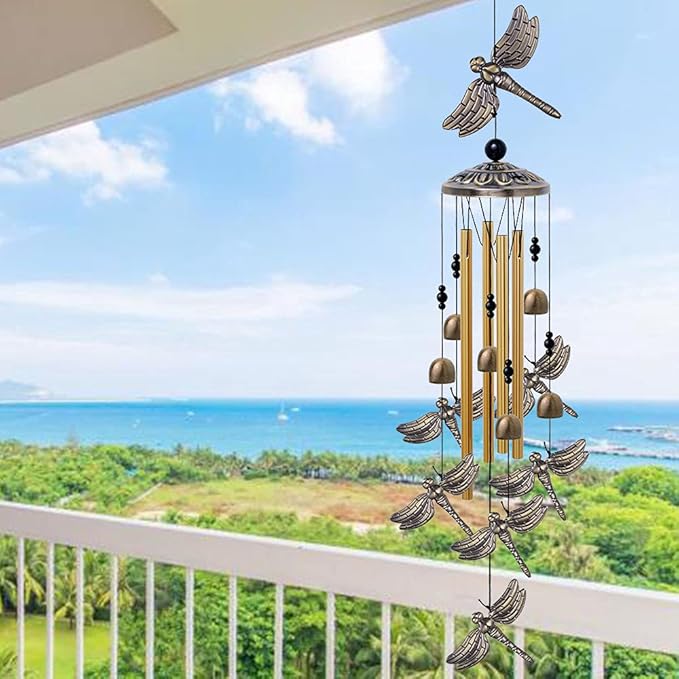 Garden Dragonfly Wind Chimes Outdoor Decor - With 4 Tubes 6 Bells 7 Dragonflies Mobile Romantic Wind Catcher, Dragonfly Windchimes for Home, Xmas Mom Gifts, Festival, Balcony, Garden Decoration