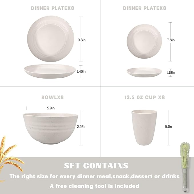 Kitchen Wheat Straw Dinnerware Sets (33pcs) Attached cleaning brush,Service For 8,Plastic Plates and Bowls Sets,Unbreakable Dinnerware,Lightweight Plastic Plate Set (off-white)