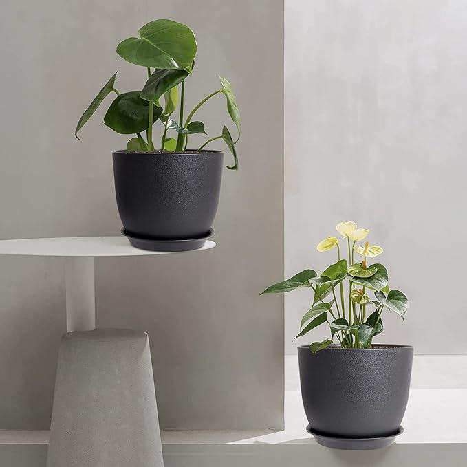 Modern Plant Pots Set, 9/8/7.5 inch Plastic Planters for Indoor Plants, Stylish Flower Pots with Drainage Holes and Saucers for House Plants and Flowers, Black