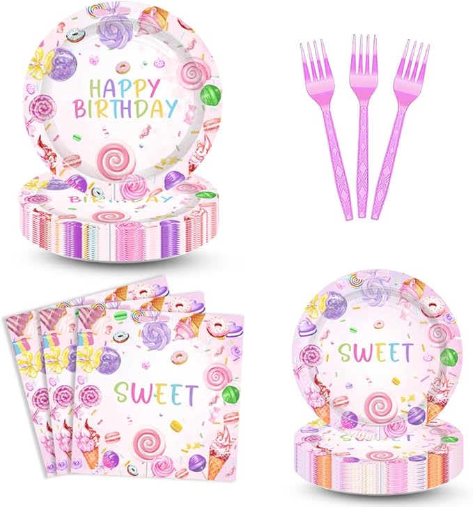 96PCS Sweets Candy Party Plates and Napkins Supplies Girls Donut Birthday Tableware Set Cupcake 1st Birthday Dessert Ice cream Party Table Decorations Favors Serves 24 Guests