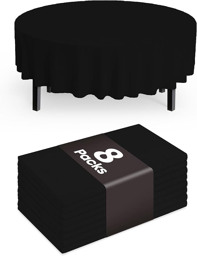 Pureegg Plastic Table Cloth Disposable 8 Pack, 84'' Round Table Cloths, Graduation Decorations Class of 2025, Graduation Party Tablecloths, Round, Plastic Cover, Leakproof & Sturdy, Black